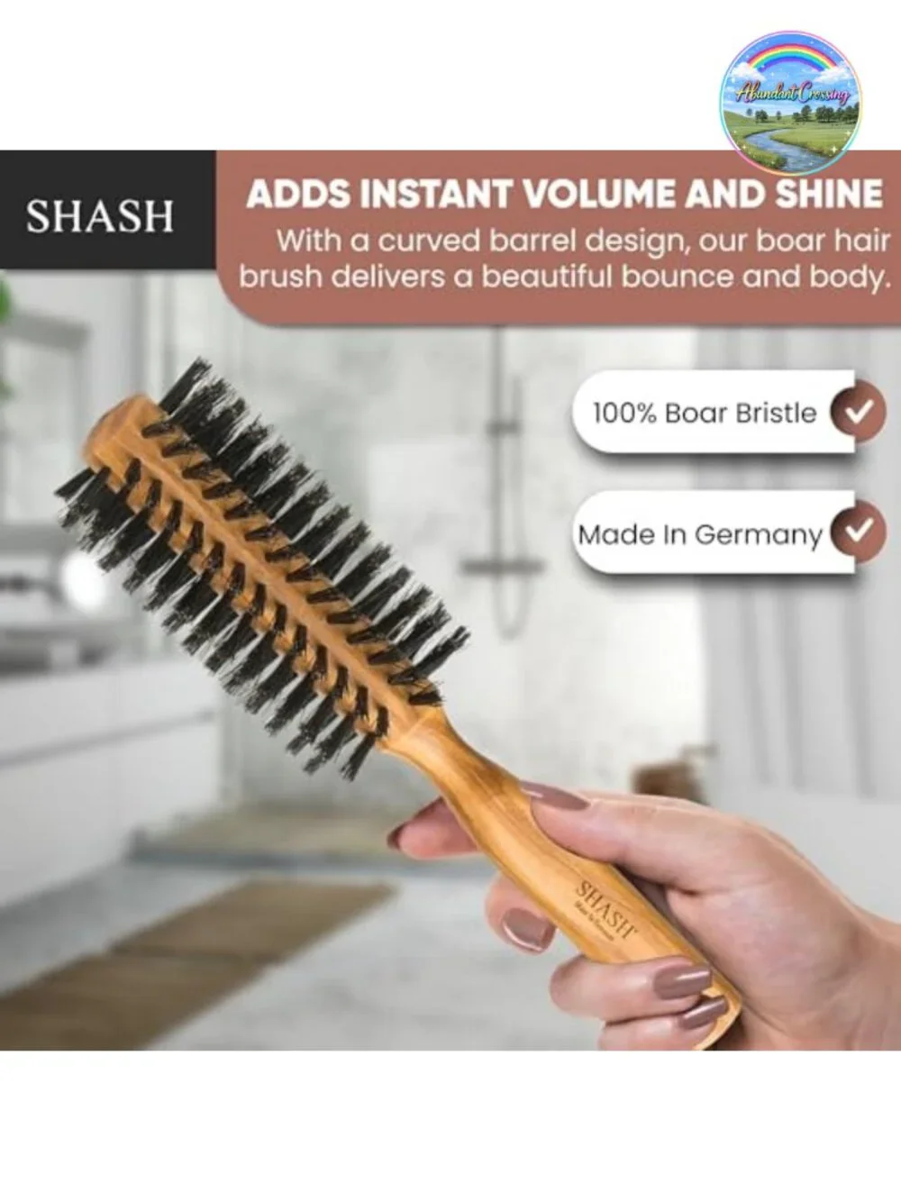 Boar Bristle Round Hair Brush for Volume, Anti-Frizz, Blowout Styling, Wooden